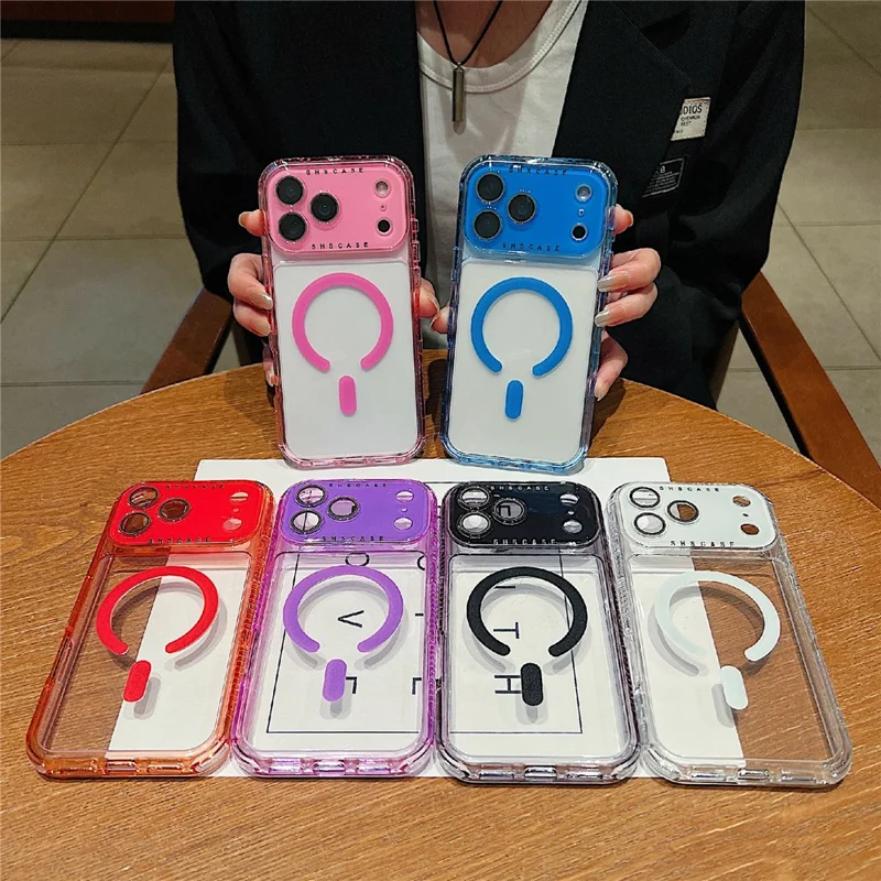 For iPhone 17 Pro Magnetic Case Clear Colorful Frame TPU + PC Phone Back Cover with Lens Film - Red