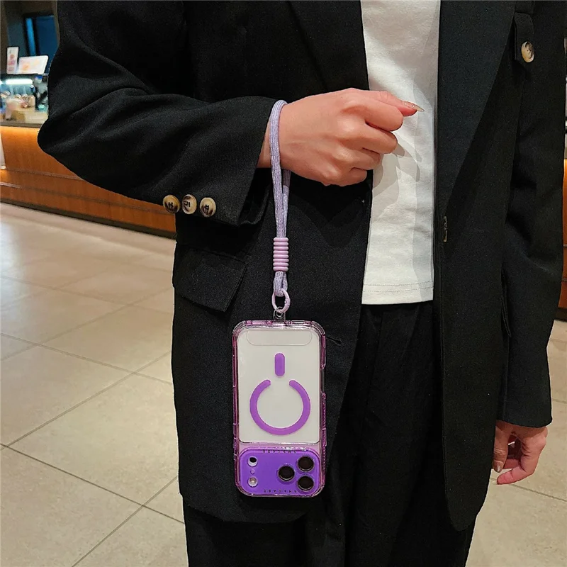 For iPhone 17 Pro Magnetic Case Clear Colorful Frame TPU + PC Phone Back Cover with Lens Film  /  Strap - Black