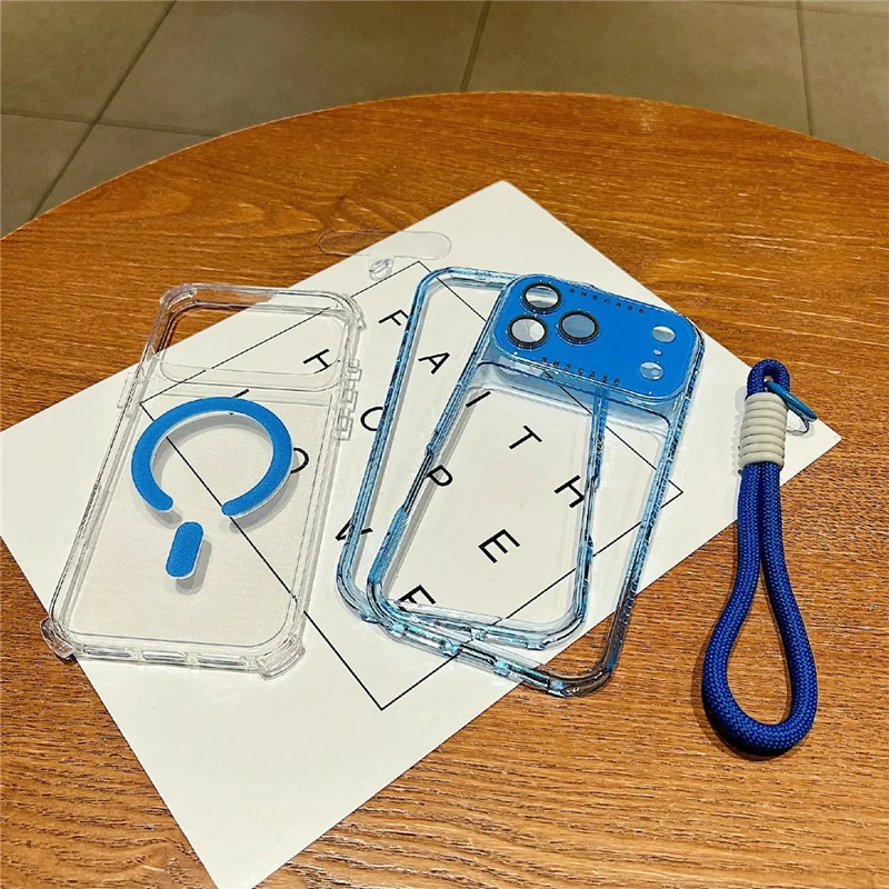 For iPhone 17 Pro Magnetic Case Clear Colorful Frame TPU + PC Phone Back Cover with Lens Film  /  Strap - Black