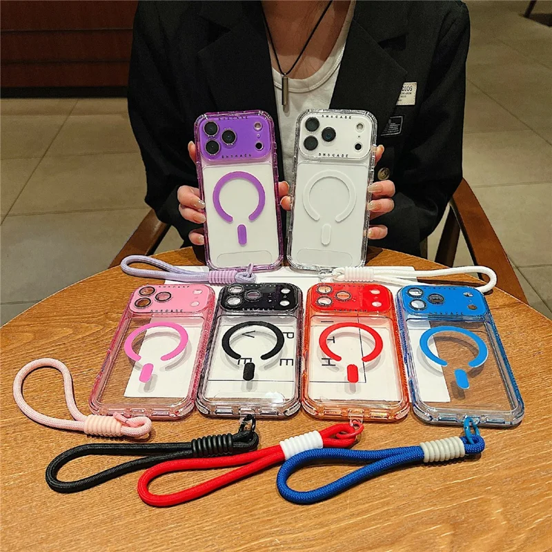 For iPhone 17 Pro Magnetic Case Clear Colorful Frame TPU + PC Phone Back Cover with Lens Film  /  Strap - Black