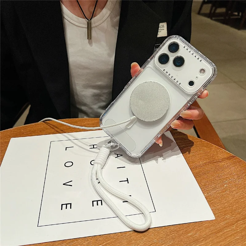 For iPhone 17 Pro Max Magnetic Case Clear Colorful Frame TPU + PC Phone Back Cover with Lens Film  /  Strap - Black