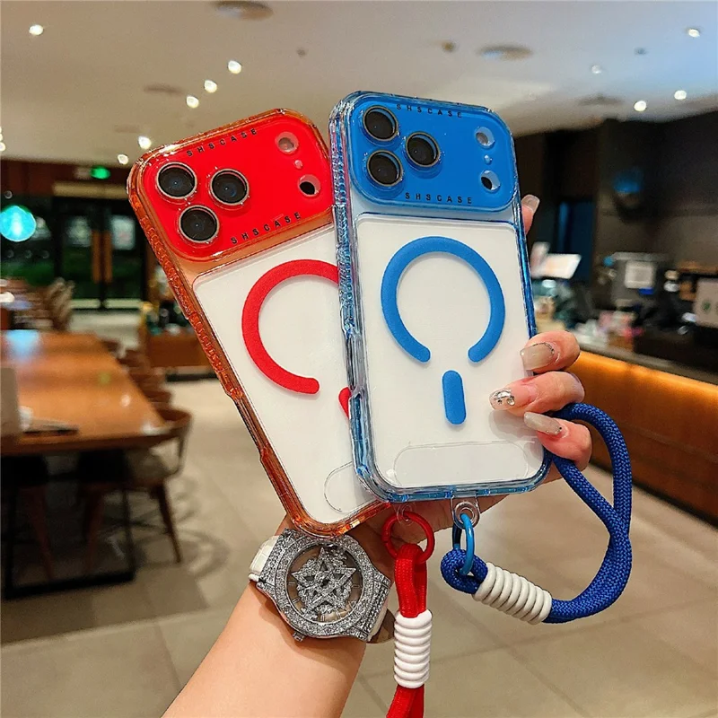 For iPhone 17 Pro Max Magnetic Case Clear Colorful Frame TPU + PC Phone Back Cover with Lens Film  /  Strap - Black