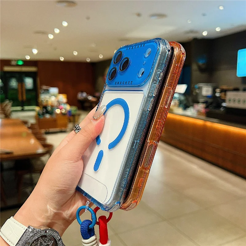 For iPhone 17 Pro Max Magnetic Case Clear Colorful Frame TPU + PC Phone Back Cover with Lens Film  /  Strap - Black