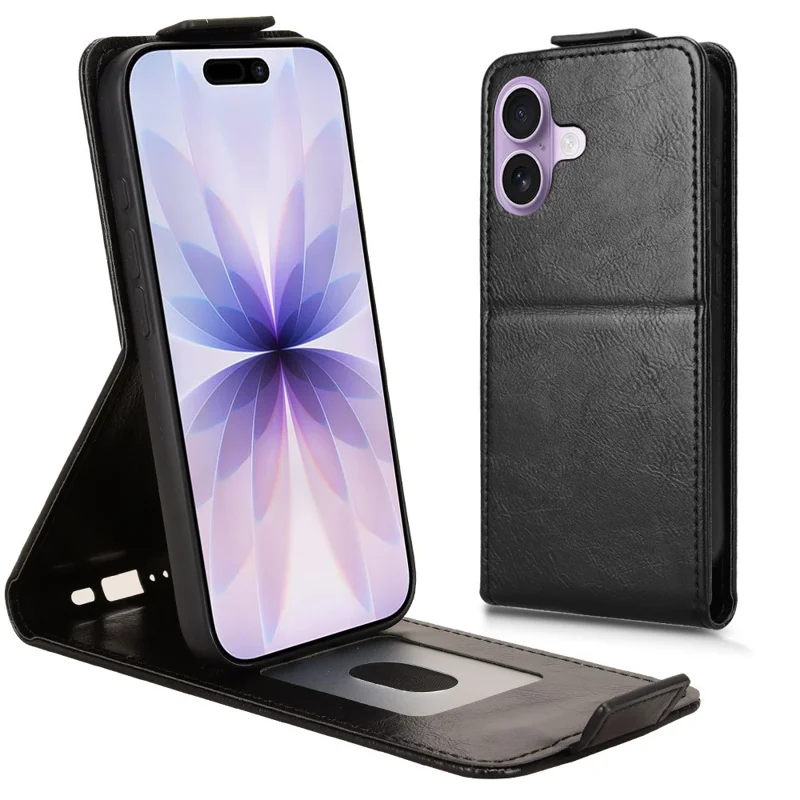 For iPhone 17 Stand Case Magnetic Clasp Vertical Flip Leather Phone Cover with Card Holder - Black