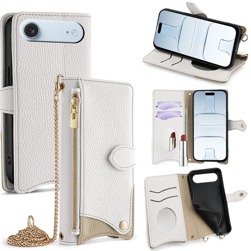 For iPhone Air Leather Case Wallet Stand Cover Irregular Tail Style with Chain Strap - White