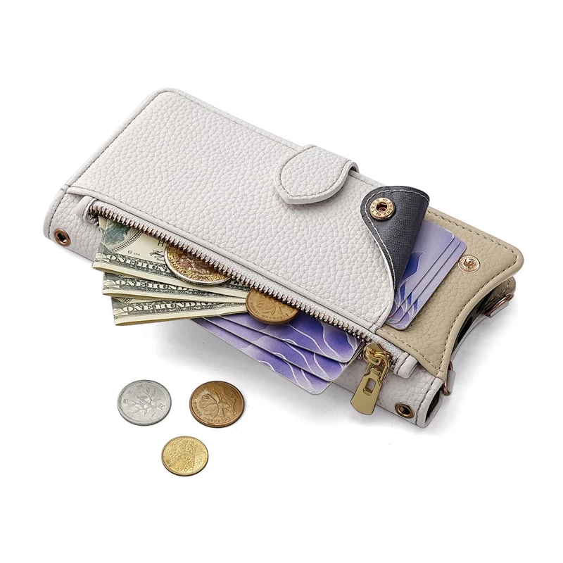 Voor iPhone 17 Pro Leren Hoesje Portemonnee Stand Cover met Onregelmatige Staartstijl en Kettingriem - Wit