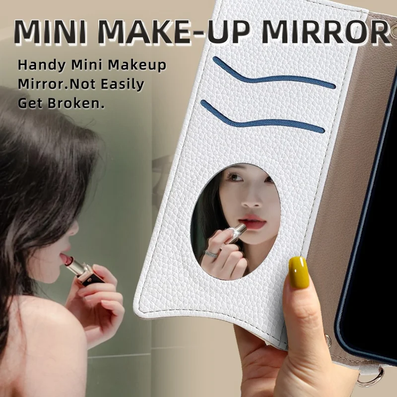 Voor iPhone 17 Pro Max Leren Hoesje Portemonnee Stand Cover met Onregelmatige Staartstijl en Kettingriem - Wit