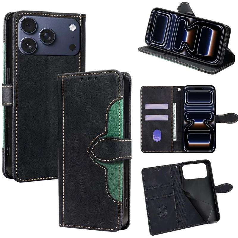 For iPhone 17 Pro Case Leather Wallet Phone Cover with Straw Hat Magnetic Clasp - Black