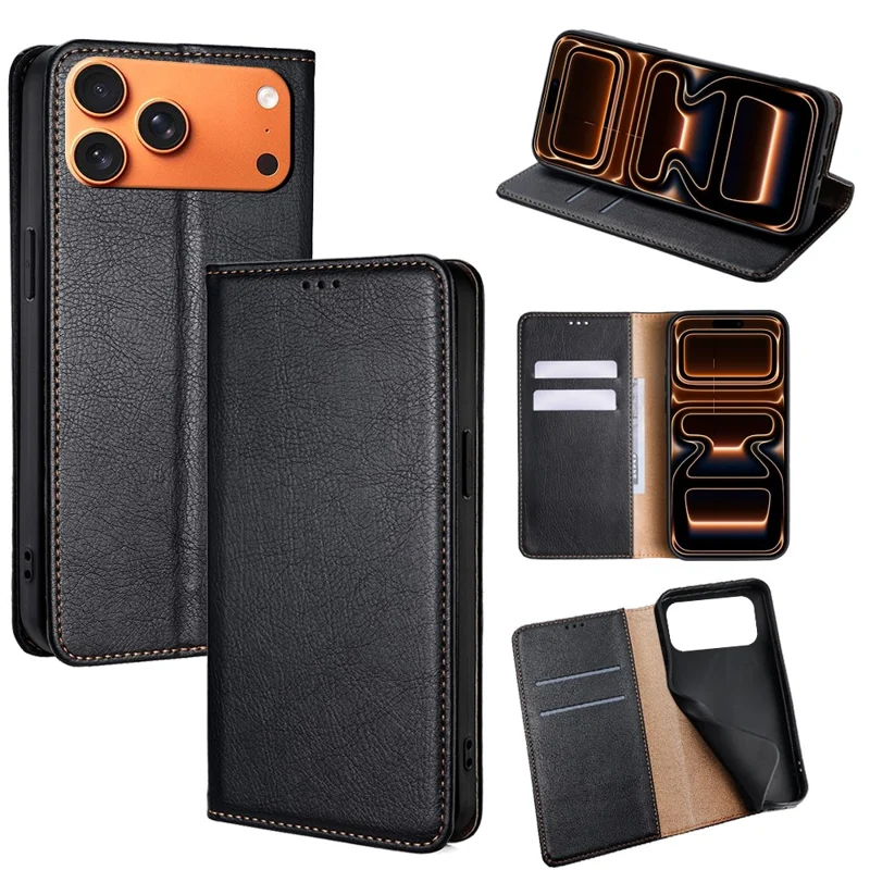 For iPhone 17 Pro Max Case Wallet PU Leather Magnetic Auto-Absorbed Phone Cover - Black
