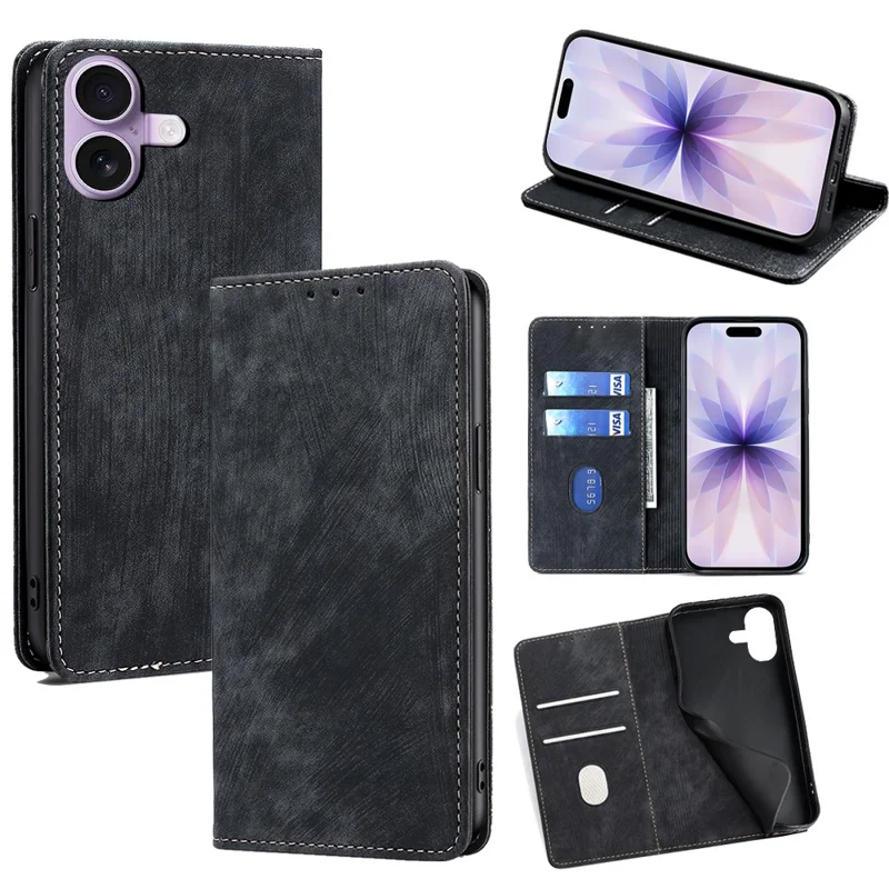 For iPhone 17 Case RFID Blocking Wallet Foldable Stand Leather Phone Cover - Black