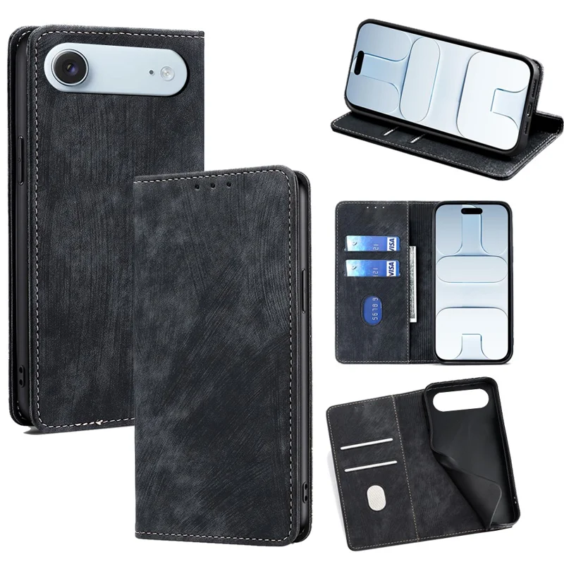 For iPhone Air Case RFID Blocking Wallet Foldable Stand Leather Phone Cover - Black