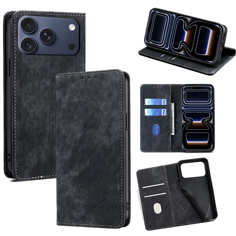 For iPhone 17 Pro Case RFID Blocking Wallet Foldable Stand Leather Phone Cover - Black