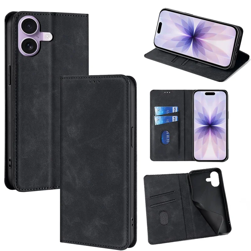 For iPhone 17 Case Card Holder PU Leather Magnetic Closing Phone Cover - Black