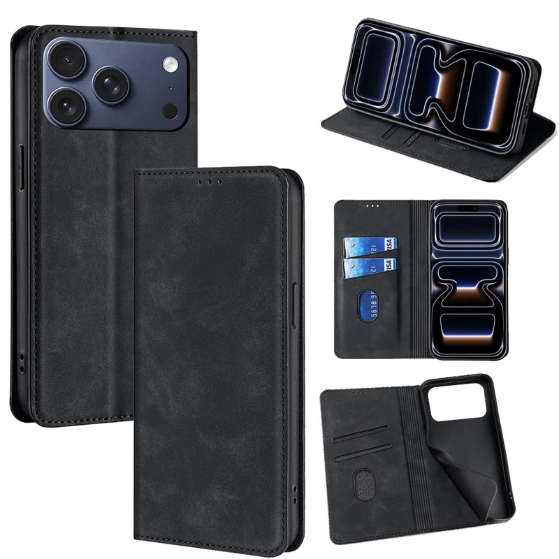 For iPhone 17 Pro Case Card Holder PU Leather Magnetic Closing Phone Cover - Black