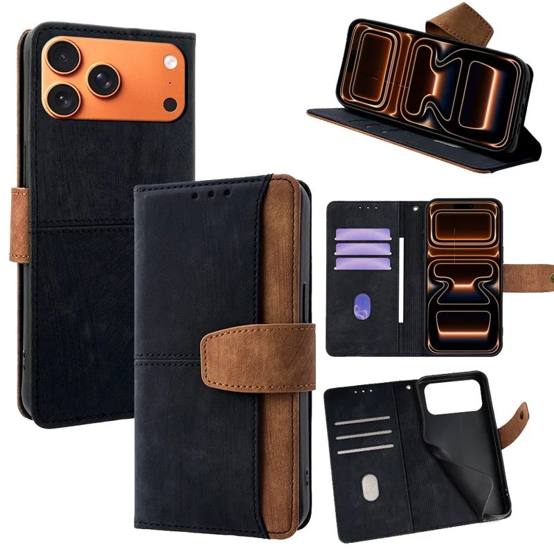 For iPhone 17 Pro Max Case RFID Blocking Color Splicing PU Leather Wallet Phone Cover - Black