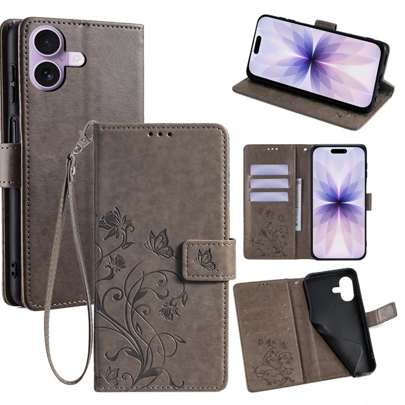 For iPhone 17 Case Butterfly Flower Imprinted PU Leather Wallet Phone Cover - Grey