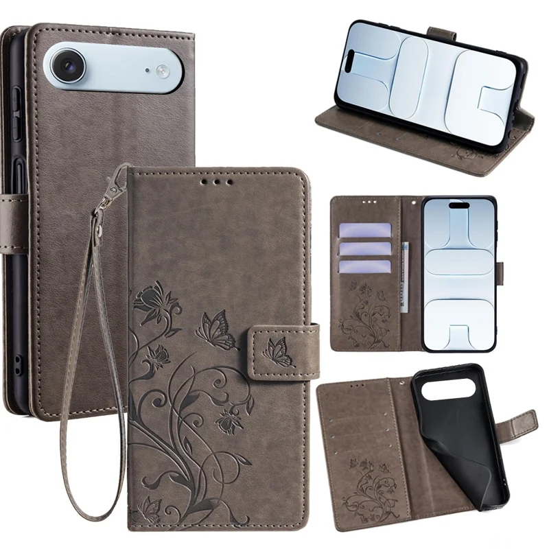 For iPhone Air Case Butterfly Flower Imprinted PU Leather Wallet Phone Cover - Grey