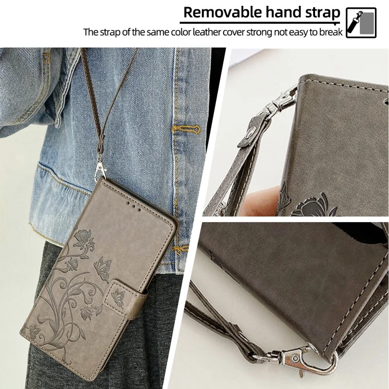 For iPhone Air Case Butterfly Flower Imprinted PU Leather Wallet Phone Cover - Grey