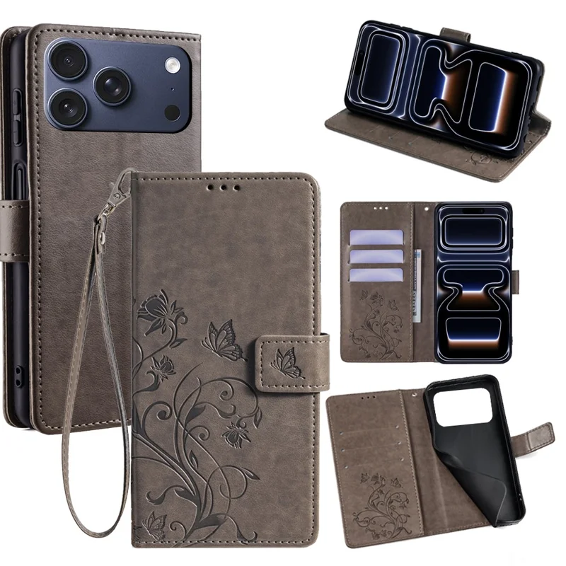 For iPhone 17 Pro Case Butterfly Flower Imprinted PU Leather Wallet Phone Cover - Grey