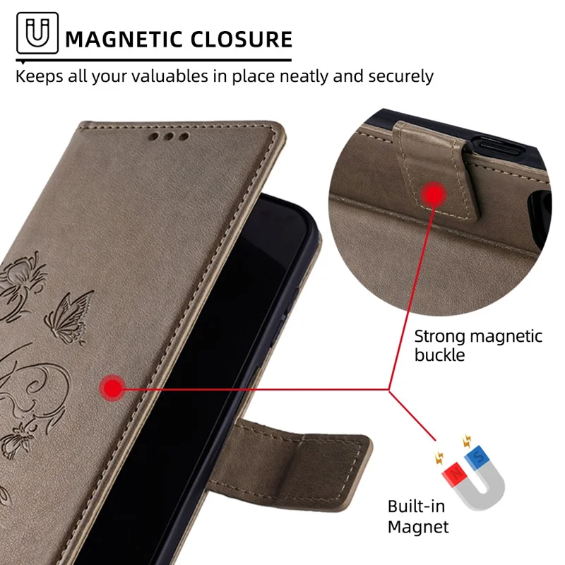 For iPhone 17 Pro Case Butterfly Flower Imprinted PU Leather Wallet Phone Cover - Grey