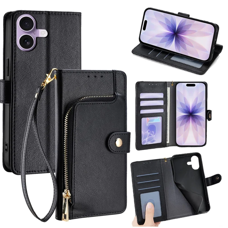 For iPhone 17 Case Zipper Pocket PU Leather Wallet Flip Phone Cover - Black