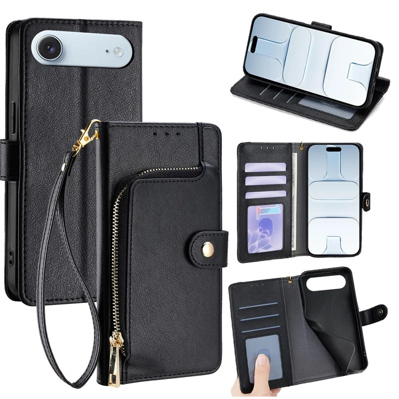For iPhone Air Case Zipper Pocket PU Leather Wallet Flip Phone Cover - Black