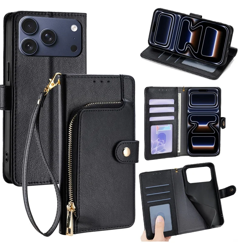For iPhone 17 Pro Case Zipper Pocket PU Leather Wallet Flip Phone Cover - Black
