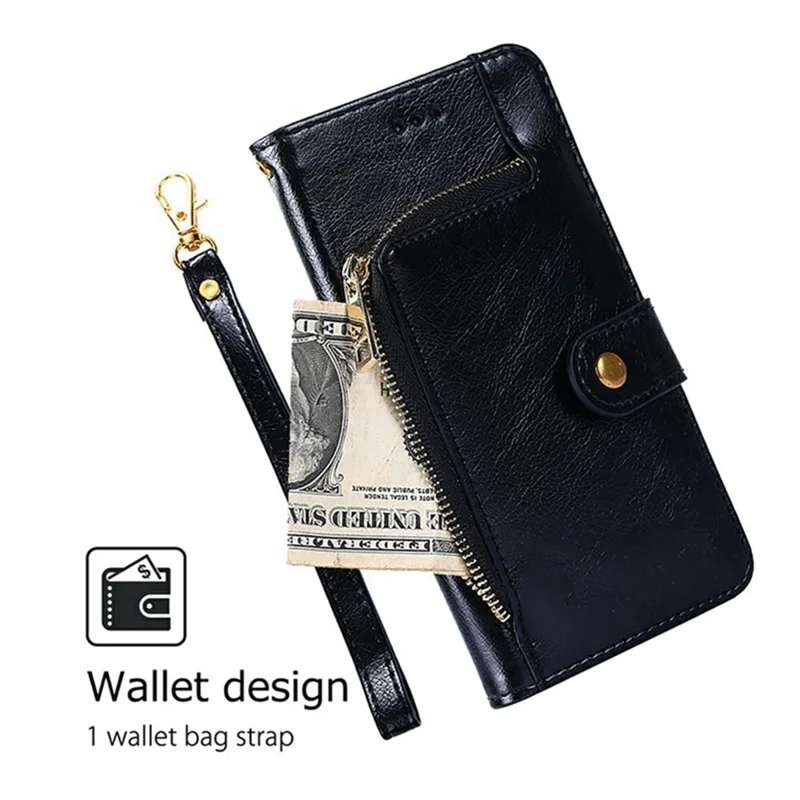 For iPhone 17 Pro Case Zipper Pocket PU Leather Wallet Flip Phone Cover - Black