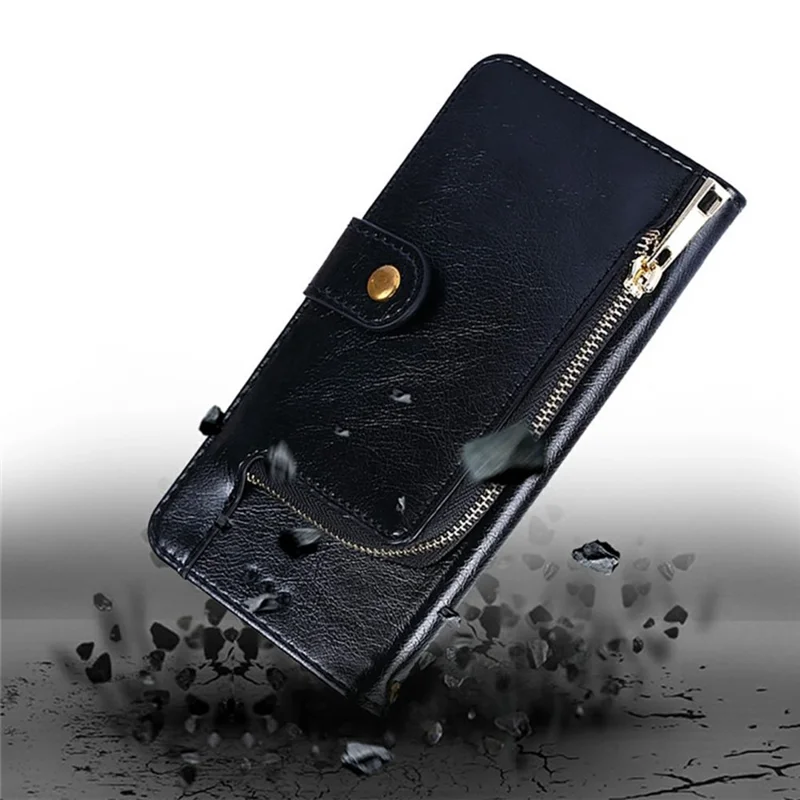 For iPhone 17 Pro Case Zipper Pocket PU Leather Wallet Flip Phone Cover - Black