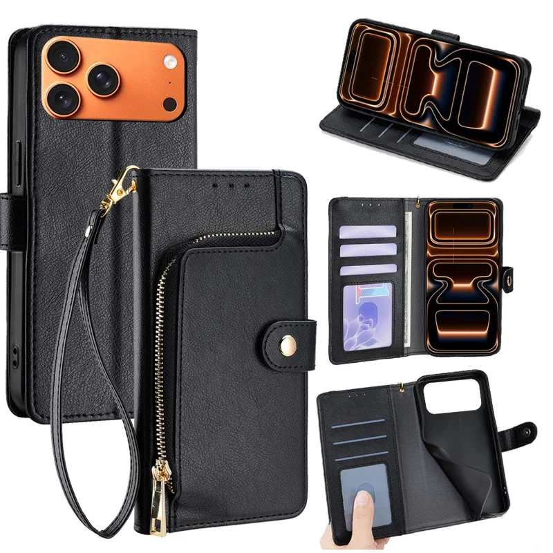 For iPhone 17 Pro Max Case Zipper Pocket PU Leather Wallet Flip Phone Cover - Black