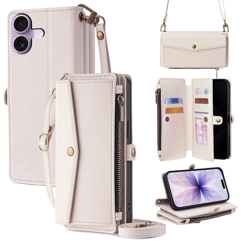 For iPhone 17 Case Card Slots Zipper Purse PU Leather Phone Cover with Shoulder Strap - White