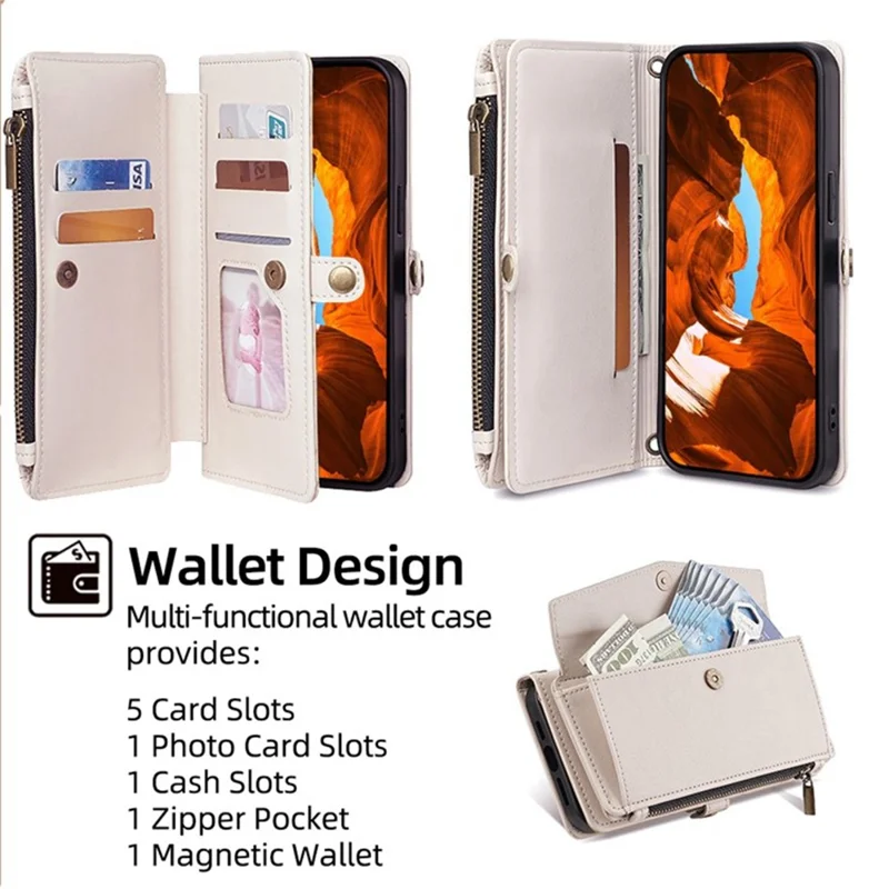 For iPhone 17 Case Card Slots Zipper Purse PU Leather Phone Cover with Shoulder Strap - White