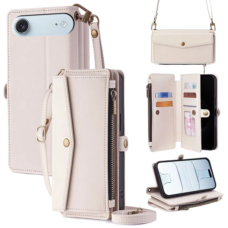For iPhone Air Case Card Slots Zipper Purse PU Leather Phone Cover with Shoulder Strap - White