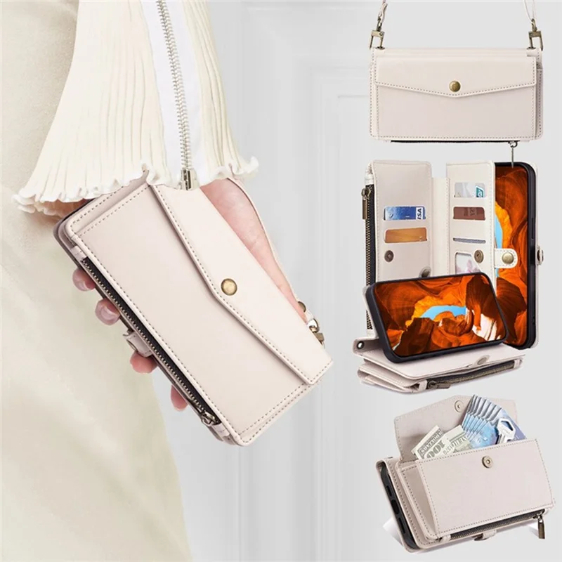 For iPhone Air Case Card Slots Zipper Purse PU Leather Phone Cover with Shoulder Strap - White