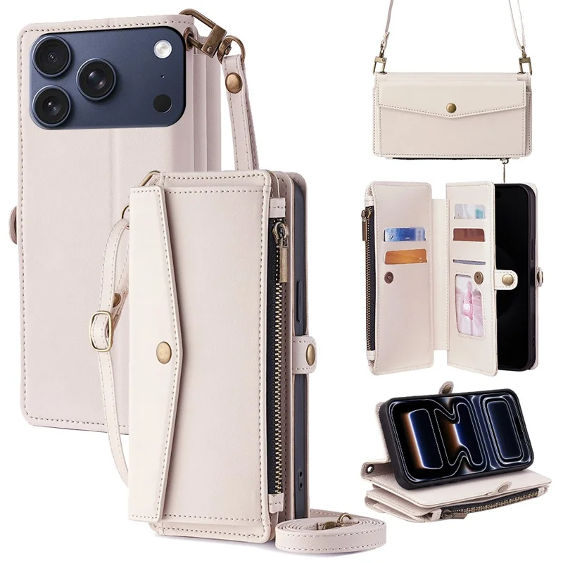 For iPhone 17 Pro Case Card Slots Zipper Purse PU Leather Phone Cover with Shoulder Strap - White