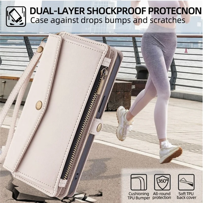 For iPhone 17 Pro Case Card Slots Zipper Purse PU Leather Phone Cover with Shoulder Strap - White