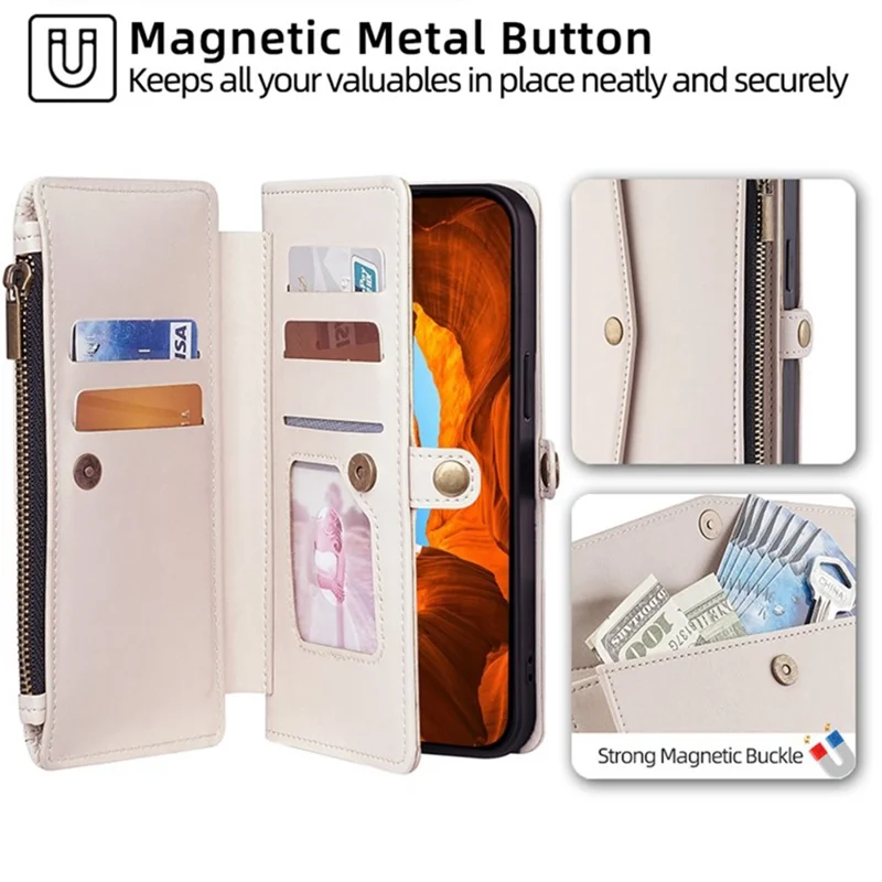 For iPhone 17 Pro Case Card Slots Zipper Purse PU Leather Phone Cover with Shoulder Strap - White