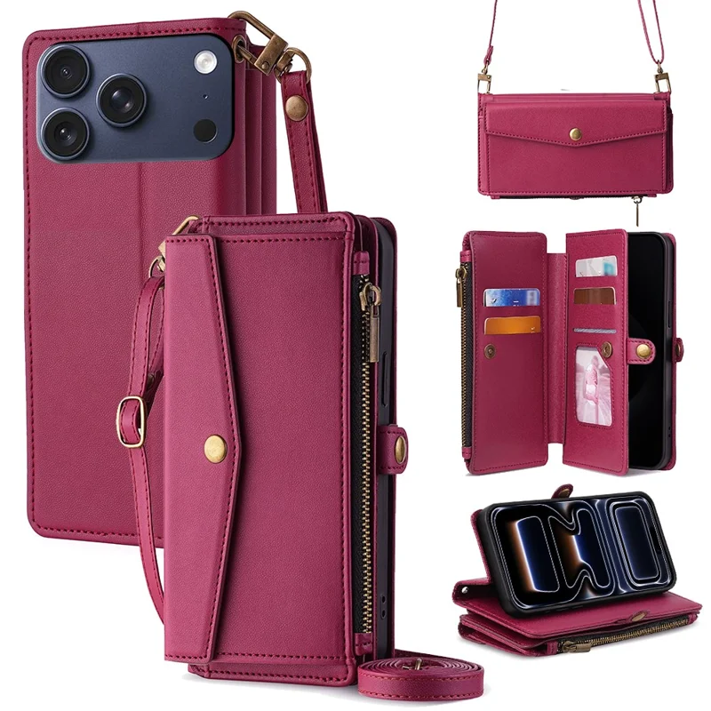 For iPhone 17 Pro Case Card Slots Zipper Purse PU Leather Phone Cover with Shoulder Strap - Red