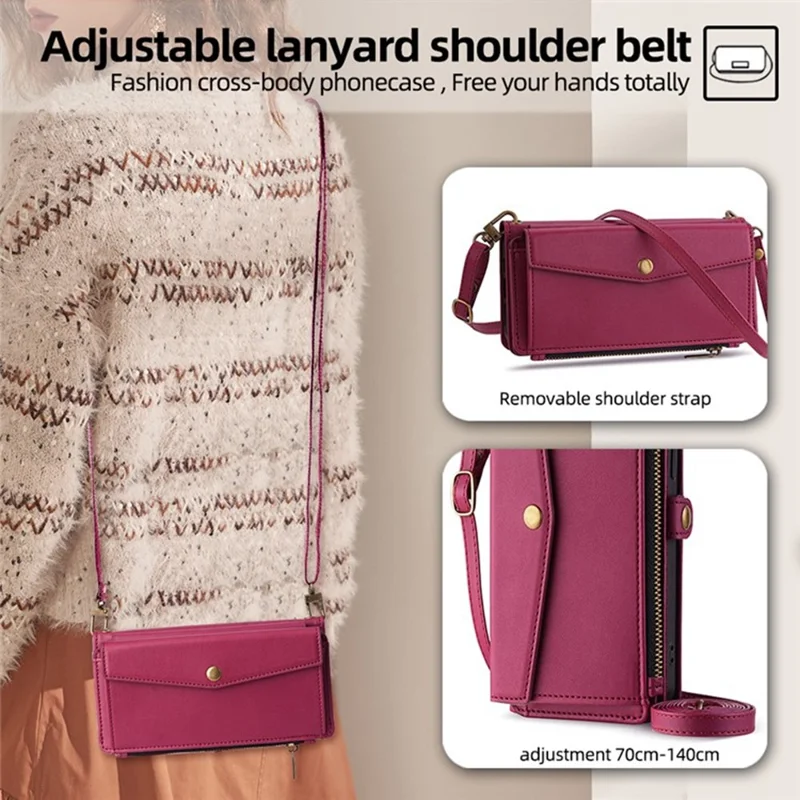 For iPhone 17 Pro Case Card Slots Zipper Purse PU Leather Phone Cover with Shoulder Strap - Red