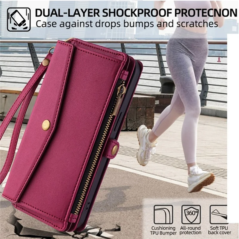 For iPhone 17 Pro Case Card Slots Zipper Purse PU Leather Phone Cover with Shoulder Strap - Red