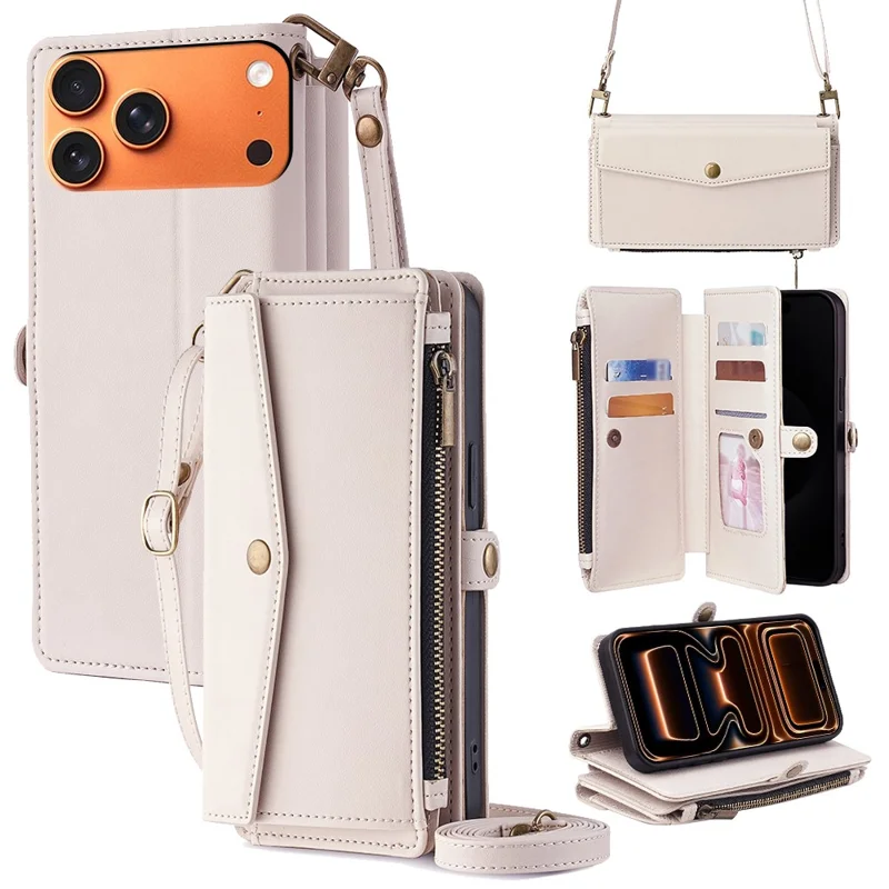 For iPhone 17 Pro Max Case Card Slots Zipper Purse PU Leather Phone Cover with Shoulder Strap - White