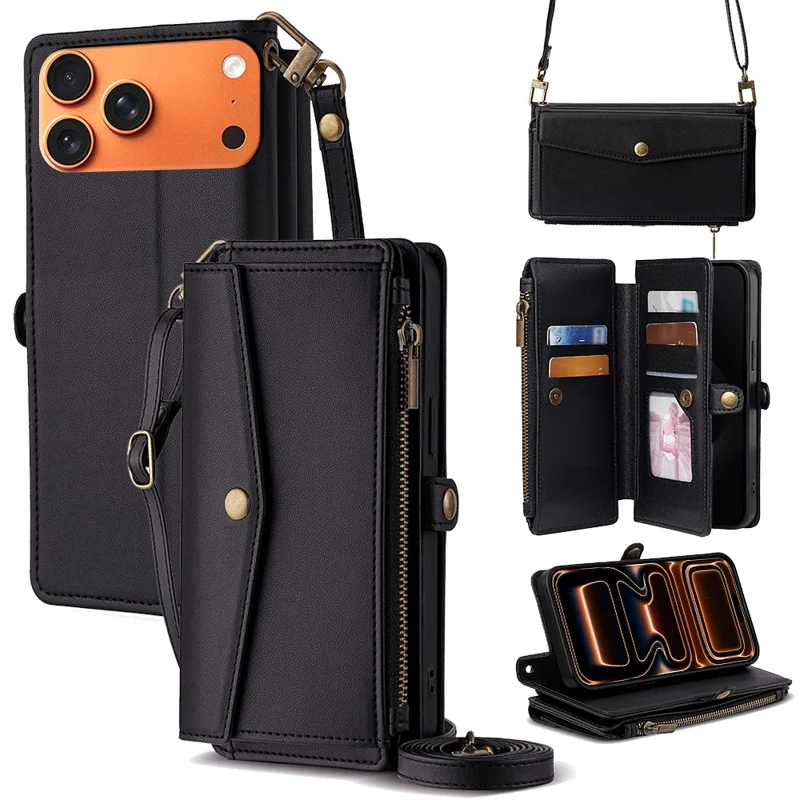 For iPhone 17 Pro Max Case Card Slots Zipper Purse PU Leather Phone Cover with Shoulder Strap - Black