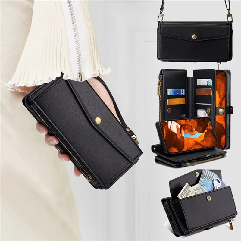 For iPhone 17 Pro Max Case Card Slots Zipper Purse PU Leather Phone Cover with Shoulder Strap - Black