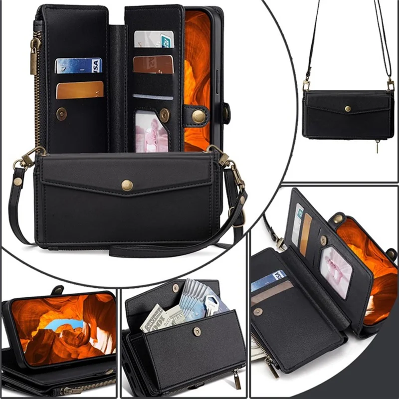 For iPhone 17 Pro Max Case Card Slots Zipper Purse PU Leather Phone Cover with Shoulder Strap - Black