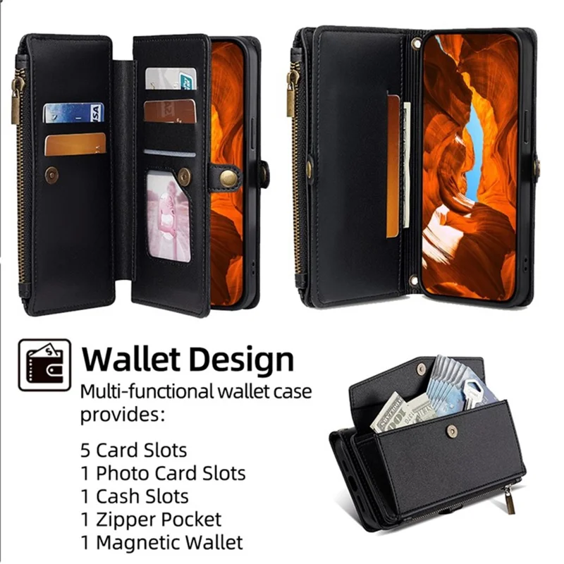 For iPhone 17 Pro Max Case Card Slots Zipper Purse PU Leather Phone Cover with Shoulder Strap - Black