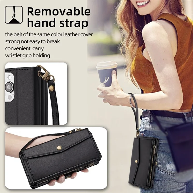 For iPhone 17 Pro Max Case Card Slots Zipper Purse PU Leather Phone Cover with Shoulder Strap - Black