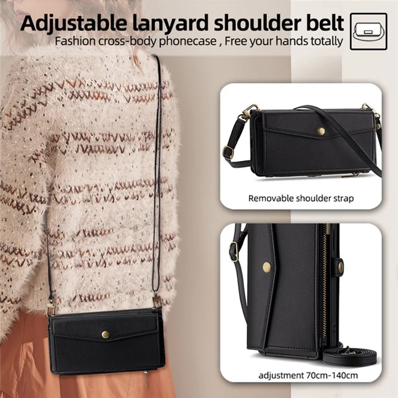 For iPhone 17 Pro Max Case Card Slots Zipper Purse PU Leather Phone Cover with Shoulder Strap - Black