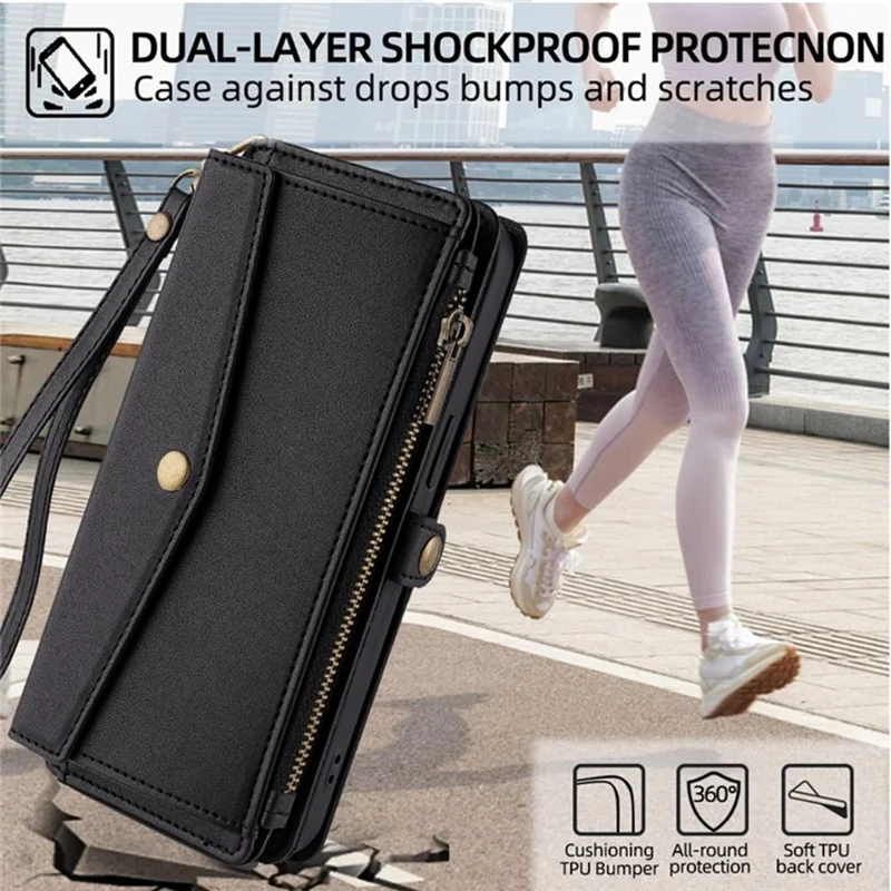 For iPhone 17 Pro Max Case Card Slots Zipper Purse PU Leather Phone Cover with Shoulder Strap - Black