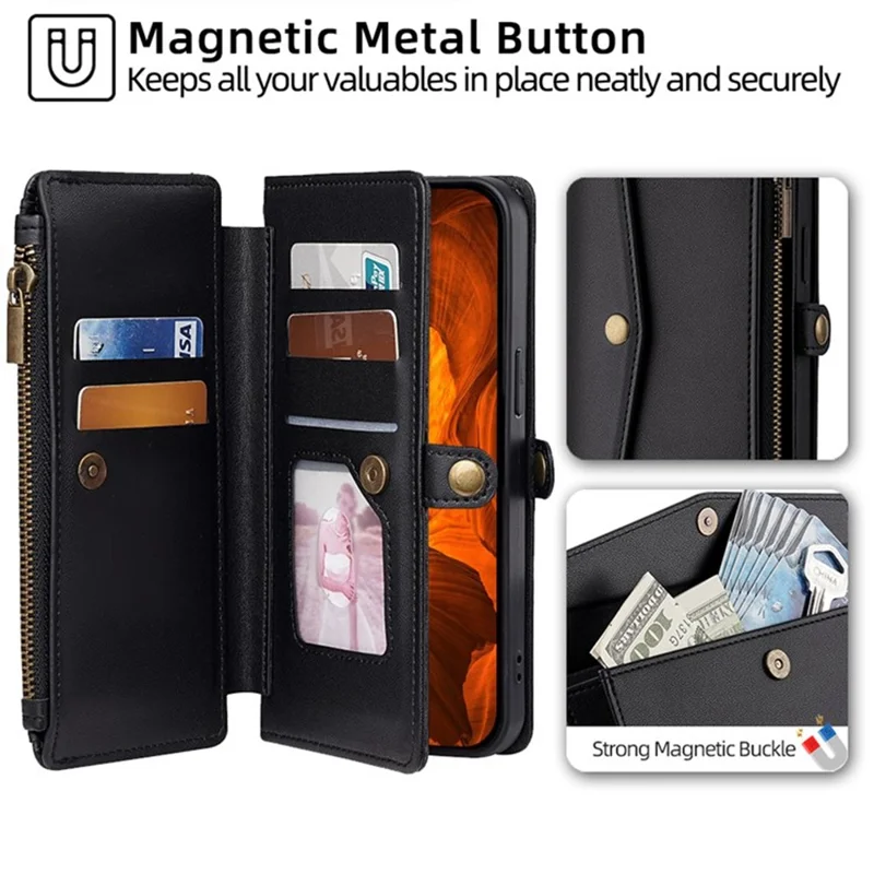 For iPhone 17 Pro Max Case Card Slots Zipper Purse PU Leather Phone Cover with Shoulder Strap - Black