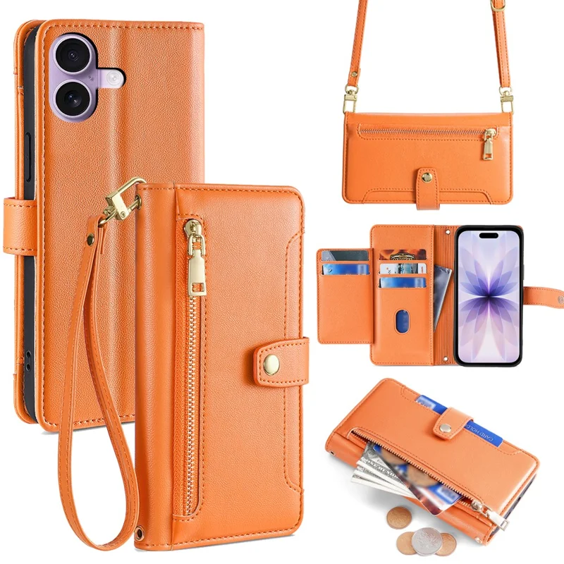 For iPhone 17 Leather Case Zipper Pocket Wallet Phone Cover with 2 Straps - Orange